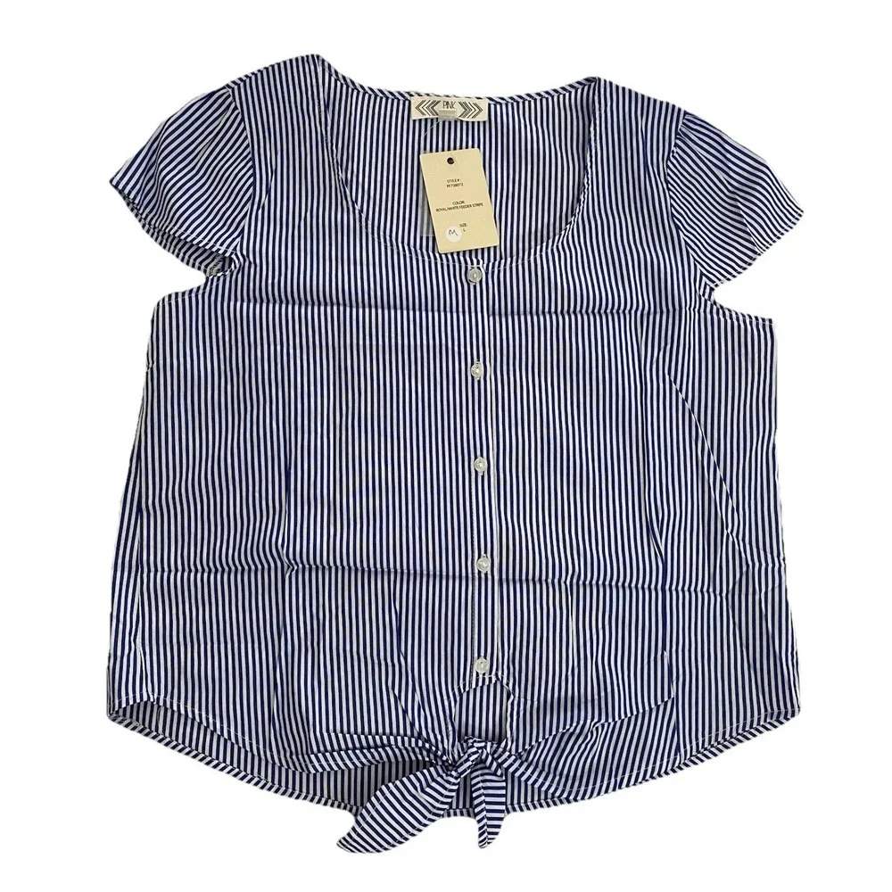 New Pink Rose Women's L Blue Striped Cotton Short Sleeve Blouse with Bow‎ Tie